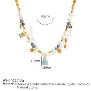 Gold and White Pearl Necklace with Blue Accents